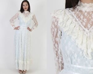 Vintage 70s Elegant Victorian Dress Sheer Ivory Floral Lace Country Wedding Maxi