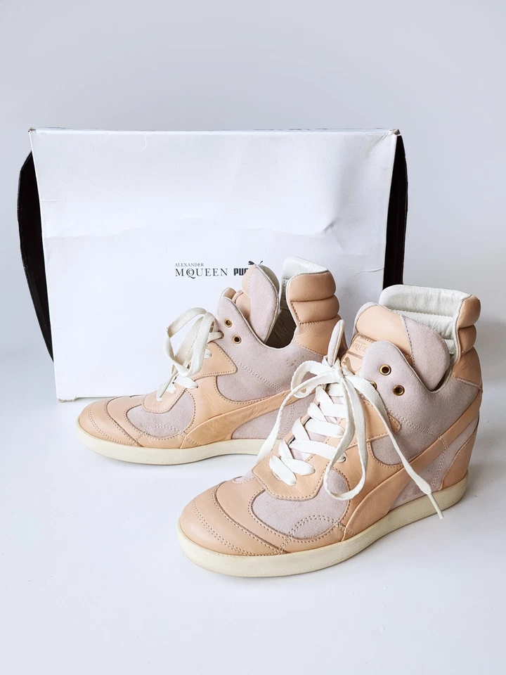 ALEXANDER MCQUEEN X PUMA Pink & Tan 'Ofeya' High Top Wedge Heel Trainers, UK 4  - Image 1 of 4