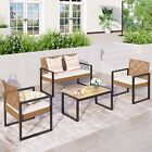 Heavy Duty 4-piece Patio Conversation Set Rattan-wood Outdoor Sofa Chairs Set