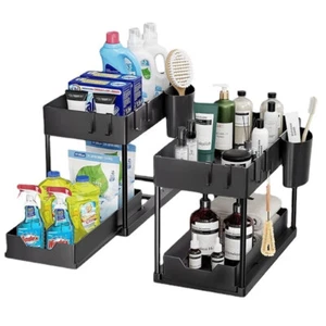 2 Pack Under Sink Organizer 2Tier Bathroom Cabinet Organizer with Sliding Basket - Picture 1 of 11