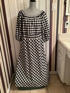 Maeve Anthropologie Dress Black White Plaid Keyhole Tie Elastic Puff Sleeve - Picture 1 of 10