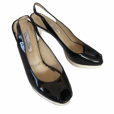 Oscar De La Renta 黑白漆皮露趾露背高跟鞋 37.5 码 — 第 1/4 张图片