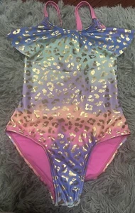 Angel Beach Size 7 Bathing Suit Girl's Racer Back Cheetah Ruffle Sparkle Pastel - Picture 1 of 11