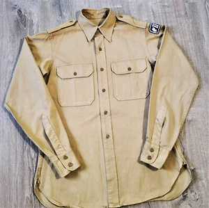 Vintage 40s US Military Khaki Twill Shirt Vtg WWll Army Utility Patton Patch M - Picture 1 of 12