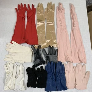 Vintage Ladies Dress Up Gloves Lot Of 9 Pair Red, Black, Beige, White, Long - Picture 1 of 5