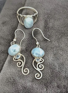 Vtg Airess Sterling Silver .925 Larimar & Blue Topaz Earrings And Ring - Picture 1 of 9