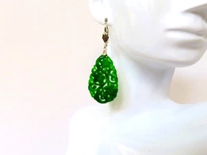 Carved Emerald Green Jadeite Jade Teardrop Dangle Earrings Sterling Lever Backs - Picture 1 of 11