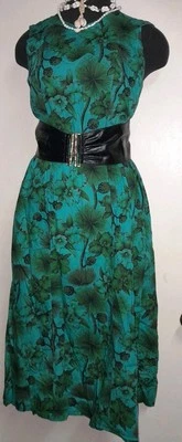 Винтажный 1950-х 60-х зеленый Тики печать золото Muumuu гавайский принт цветочный папоротник платье M L - Изображение 1 из 4