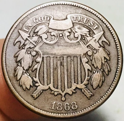 1868 Two Cent Piece 2C Choice Civil War Era US Copper Coin CC28225 - Image 1 of 4