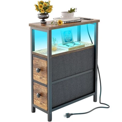 End Table with Charging Station, Narrow Side Table with 2 Fabric Drawers, Nig... - Image 1 of 4