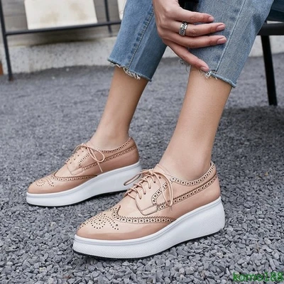 Women Wing Tip platform Brogue Oxfords Pointed Toe Lace Up Patent Leather Shoes - Image 1 of 4