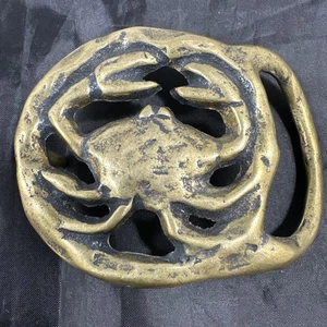 Vtg 70's Brutalist Cancer Zodiac Sign Solid Brass Astrology Belt Buckle MCM - Picture 1 of 21