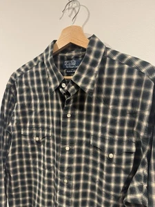 Vintage POLO Ralph Lauren Classic Western Pearl Snap Shirt Sz Large Green Plaid - Picture 1 of 4