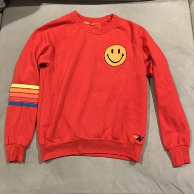Aviator Nation- Red Smiley Face Crewneck Sweatshirt Striped- Rainbow Sleeve- XS - Image 1 of 4