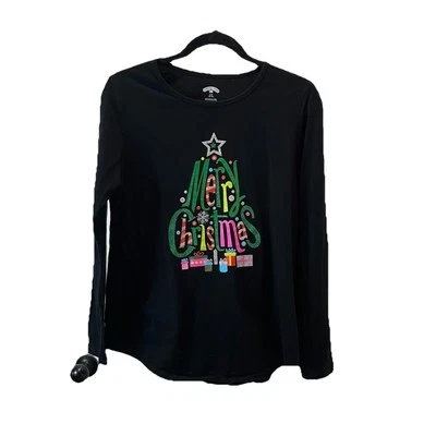 Camiseta con Gráfico de Árbol de Navidad Feliz Tiempo de Vacaciones Negra Mangas Largas Talla L Foto 1 de 4