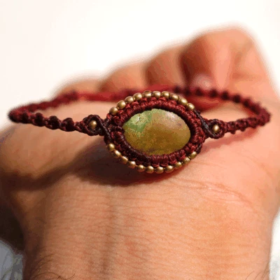 Hand Braided Natural Hubei Turquoise Boho Micro Macrame Healing Crystal Bracelet - Image 1 of 4