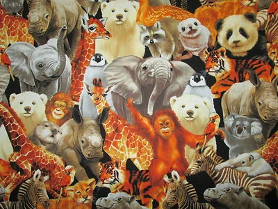 ZOO ANIMALS JUNGLE PANDA ELEPHANT GIRAFFE POLAR BEAR MONKEY COTTON FABRIC FQ  - Image 1 of 4