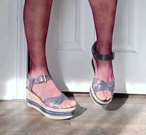 👠Ralph Lauren Sandals Sz 8 Navy Blue 👟 Shoes Gold Buckles Wedge Espadrilles - Picture 1 of 17