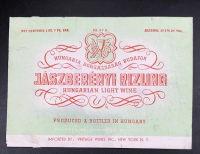 VTG Original Jaszberenyi Rizlin Hungarian Light Wine Bottle Label Budafok - Image 1 of 3