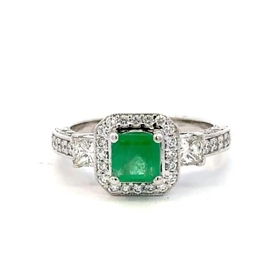 14K White Gold Emerald & Diamond Halo Engagement Ring Size 6 - J156 - Image 1 of 4