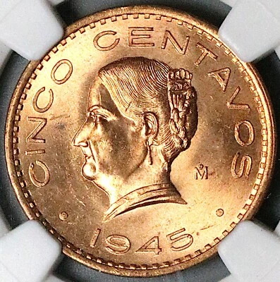 1945 NGC MS 66 RD Mexico 5 Centavos Josefa Bronze RED Coin POP 3/0 (25061903C) - Image 1 of 4