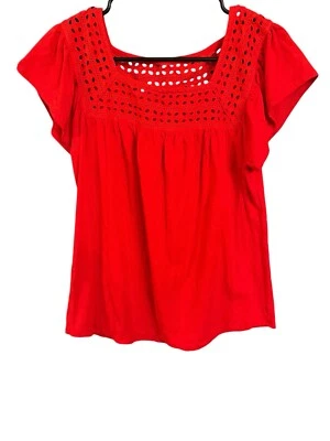 ST JOHNS BAY Women's Size Med Red Short Sleeve Eyelet Square Neck Top Blouse - Image 1 of 4