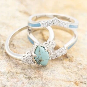 Nuevo conjunto de 3 anillos multicapa turquesa talla 11 delicada moissanita tono plata - Imagen 1 de 6