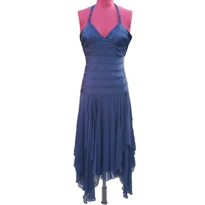 BCBGMAXAZRIA Dress Navy Blue Silk Satin Halter Semi Formal Handkerchief Hem 0 - Picture 1 of 8