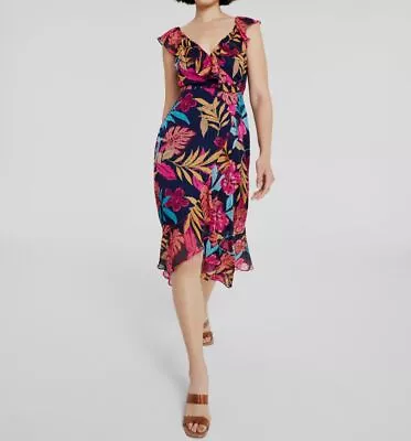 Kensie Women's Blue Floral Metallic Striped Ruffled V-Neck A-Line Dress Size 2 Foto 1 de 4