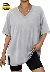 Oversized Tshirts for Women Workout plus Size Tops V Neck Short Sleeve Gym Shirt - Picture 1 of 5