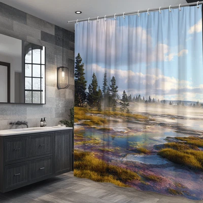 Mountain Lake Landscape Shower Curtain with Trees &Misty Morning Scenery Scene - Image 1 of 4