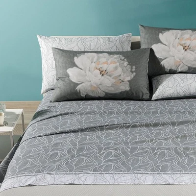 Completo Lenzuola In Cotone Peony Matrimoniale Grigio Caleffi - Immagine 1 di 4