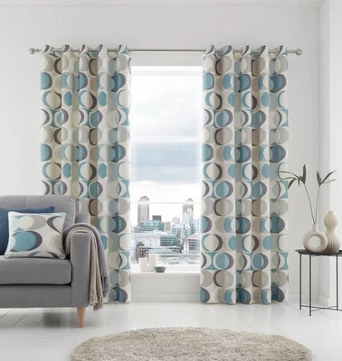 Fusion Strata Duck Egg Retro Geometric Eyelet Curtains – W66 x L90 (168x229cm - Image 1 of 4