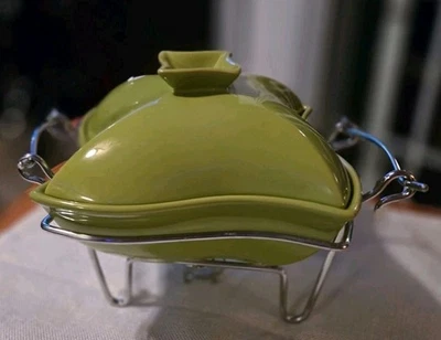 Godinger 1 Qt Avocado Green Serving Covered Porcelain Baker Dish & Warmer Stand - Image 1 of 4