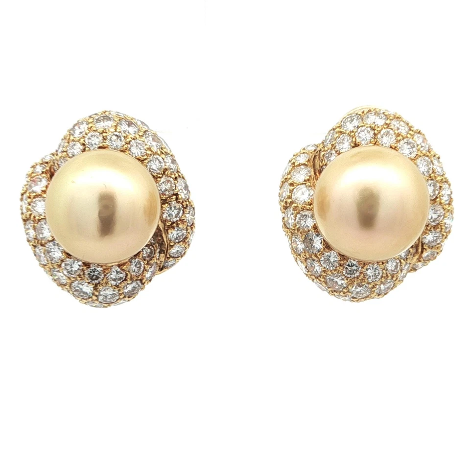 Vintage Yellow Gold 13.2mm Golden Pearl 7.0ctw Diamond Knot Clip On Earrings - Image 1 of 4