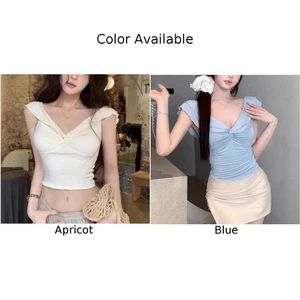 Pure Desire Ruffled V Neck T Shirt for Women Summer Casual Slim Fit Top - Picture 1 of 22