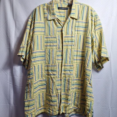 STATEMENTS Linen Blend Button-Up Camp Shirt Sz XL Yellow Multi Striped Coastal - Image 1 of 4