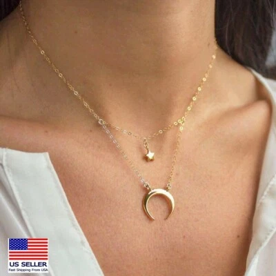 Moda Mujeres Cadena Joyería Collar Simple Oro Luna Estrella Estilo Colgante 0952 Foto 1 de 3