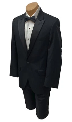 Men's Jean Yves Black Tuxedo 40R Jacket & 34W Pants Satin Peak Lapels 100% Wool - Image 1 of 4