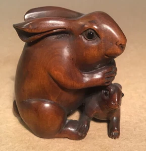Japanese Boxwood Netsuke #1 - Rabbit and Baby - Signed - Picture 1 of 8