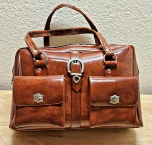 Vintage Brown Shiny Vinyl Purse Handbag Burlwood Patent Leather Look - Picture 1 of 17