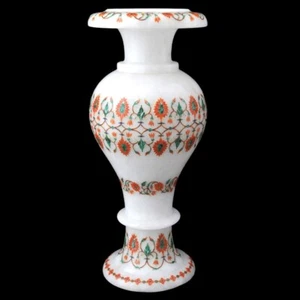 16" White Marble Flower Vase Carnelian Stone Floral Inlay Art for Interior Decor - Picture 1 of 8
