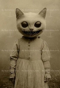 CREEPY CAT FACE MASK ART PRINT – Fantasy Decor – Animal Gothic Halloween Poster - Picture 1 of 2