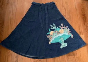YOung Timer Vintage 70s Denim Jean Skirt Med Pockets  Belt Applique Waist  Zip M - Picture 1 of 7