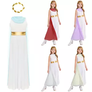 Kids Girls Toga Outfits Ancient Greek Crown Dress Dance Princess Tulle Cosplay - Picture 1 of 55