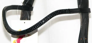 FSS 3 row Crystal POSH Curve Shape U Bling JET BLACK German Leather Browband NEW - Picture 1 of 7