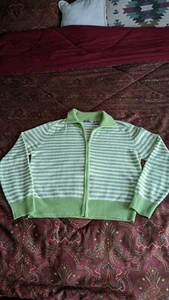 Oleg Cassini Women's  Vintage Sweater Zipper Front, Color Lime Green Strips - Picture 1 of 9