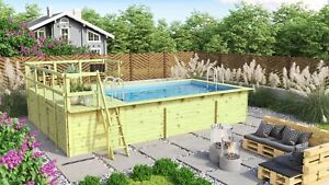 Karibu Rechteck Pool Schwimmbecken Modell 1 B mit Terrasse & Zubehör 44mm Holz 