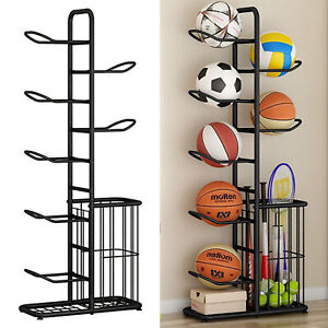 Basketball Ball Storage Rack Freestanding Sport Equipment Organizer With Basket 