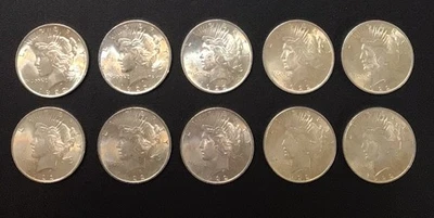 Lot of 10 UNC/BU 1922 Choice Silver Peace Dollars 1/2 ROLL! - Image 1 of 4